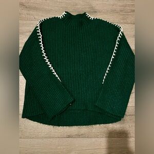 Halogen Dark Green Ribbed Sweater with White Trim